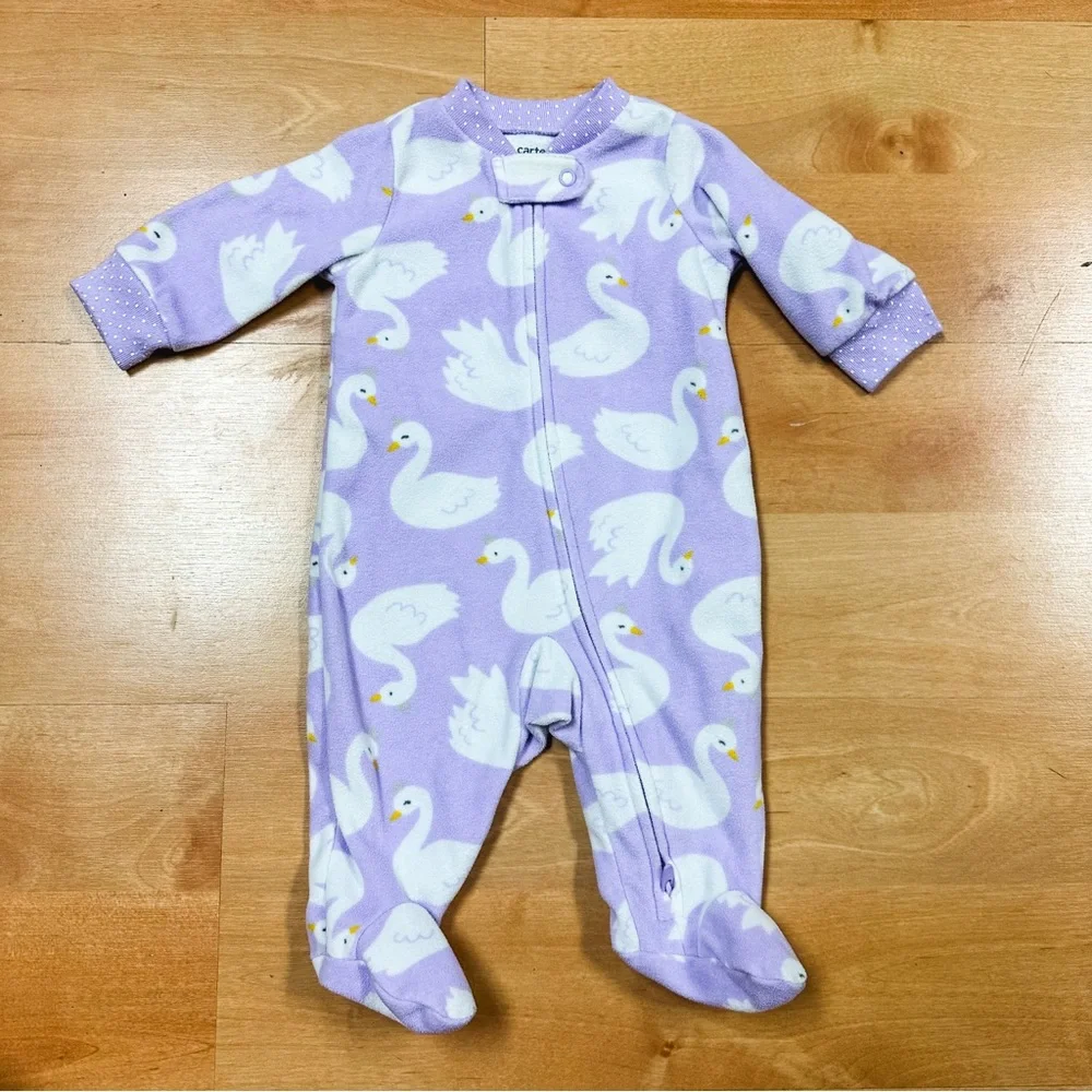 Carters Light Purple Swan Graphic Fleece Two-Way Zip Footie Pajamas 3M